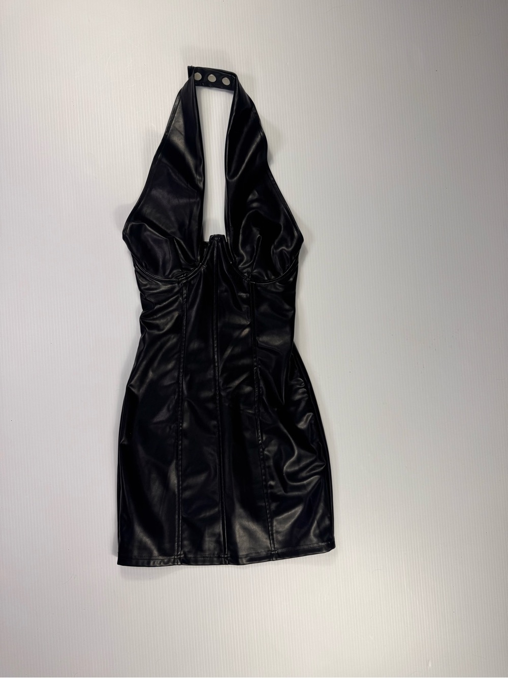 AKIRA Black Faux Leather Halter Mini Dress NWT - Picture 3 of 7